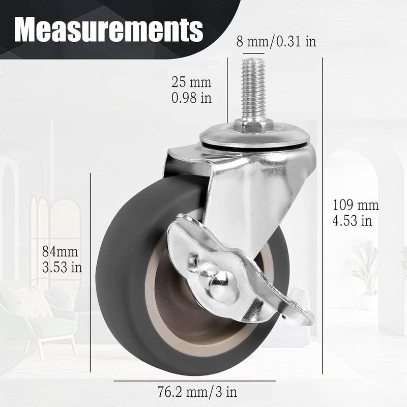BAISASY 3 Inch Caster Wheels, Threaded Stem Casters Set of 4, Heavy Duty Wheel with Brake, Metric Size M8-1.25-25 (Screw Diameter 8mm, Screw Length 25mm) Casters for Wire Shelving, Furniture Dolly - Image 2